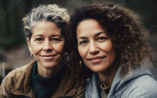 Attractive mature female lesbian couple. Concept of LGBT and equal rights to love. Shallow field of view. Illustrative Generative AI. Not real people.