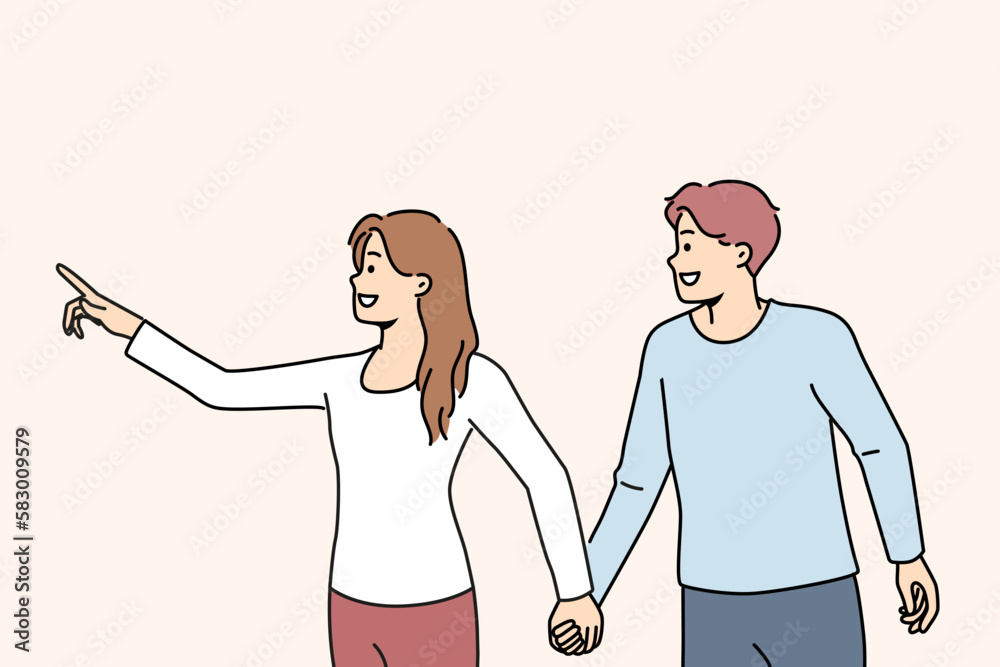 Smiling woman holding man by hand showing something forward. Happy couple holding hands point with finger on empty space aside. Vector illustration. 