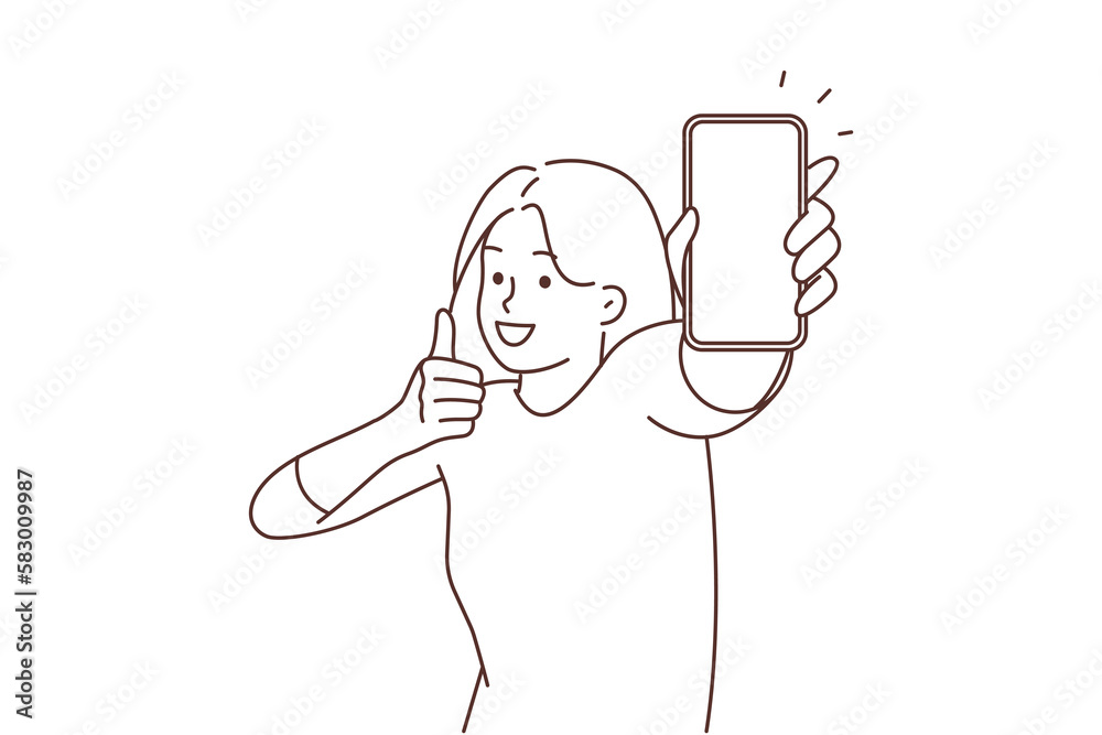 Smiling woman show mockup cellphone screen 