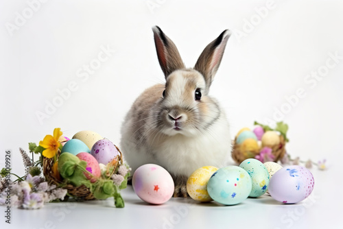 Cute Easter Bunny with Flowers and Easter Eggs, white background, professional studio photography, space for text © Francesco