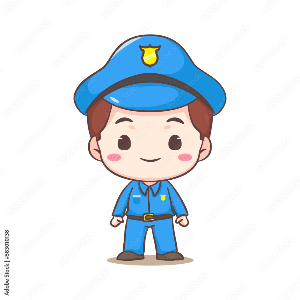 Cute policeman standing front side view cartoon character. People profession concept design. Isolated white background. Vector art illustration. Adorable chibi flat cartoon style Cute policeman standing front side view cartoon character. People profession concept design. Isolated white background. Vector art illustration. Adorable chibi flat cartoon style