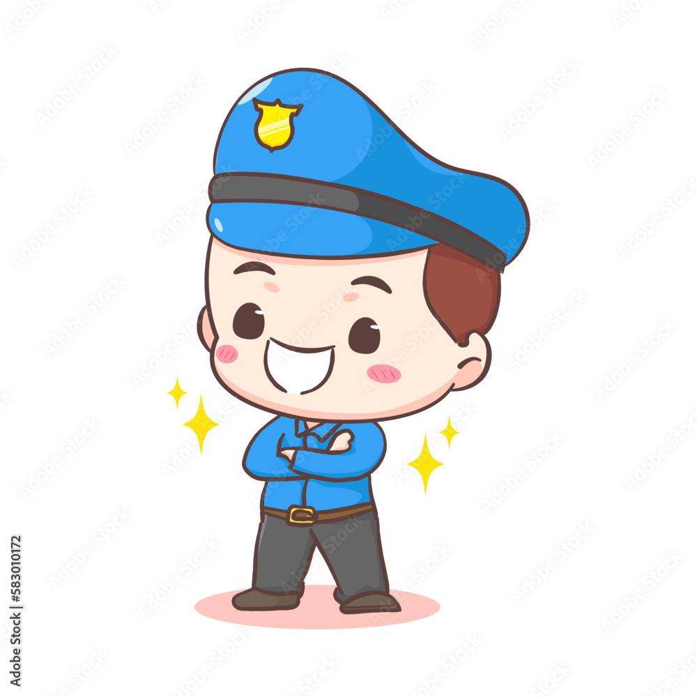 Cute policeman standing with crossed arms cartoon character. People profession concept design. Isolated white background. Vector art illustration. Adorable chibi flat cartoon style
