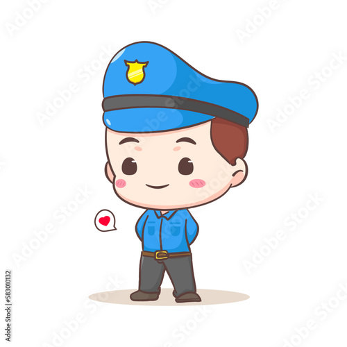 Cute policeman standing crossed arms behind back cartoon character. People profession concept design. Isolated white background. Vector art illustration. Adorable chibi flat cartoon style
