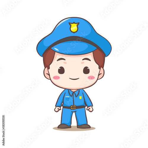 Cute policeman standing front side view cartoon character. People profession concept design. Isolated white background. Vector art illustration. Adorable chibi flat cartoon style