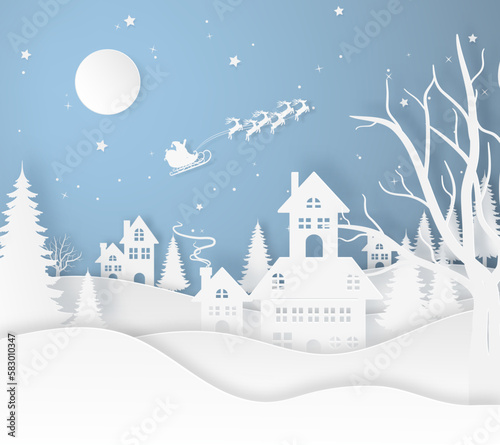 Merry Christmas or Happy New Year card in winter landscape with houses and building and Santa Claus on the sky in winter season. Vector illustration art in paper cut design.