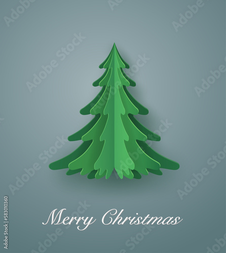 Green Christmas tree in vector paper art design. new year card or merry Christmas.