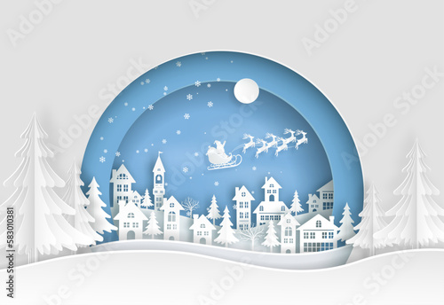 santa claus fly on the city and earth with snow, ice, trees and home in the winter season. christmas, paper art.