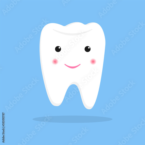 Cute tooth with golden medal on red ribbon isolated on blue background. White healthy tooth with first place or first time visit dentist emblem.Vector illustration isolated on white background.Eps 10.