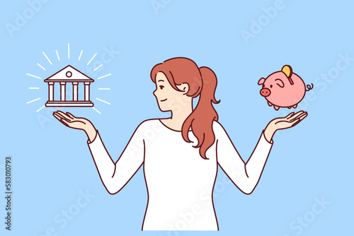 Woman chooses between bank deposit and saving money in piggy bank while planning budget. Financially literate girl makes difficult decision choosing place to save money or invest capital 