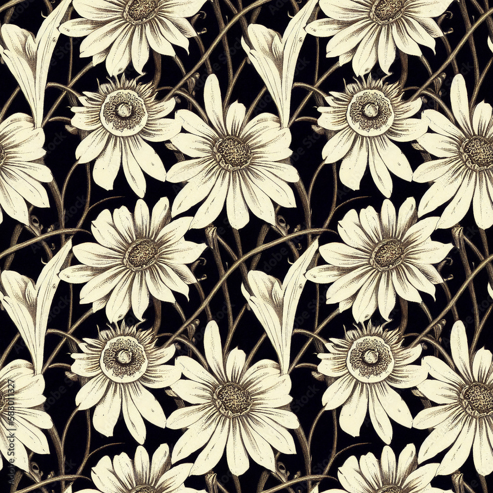 Seamless pattern with white flowers on black background. Generative AI art. Seamless pattern with white flowers on black background. Generative AI art.
