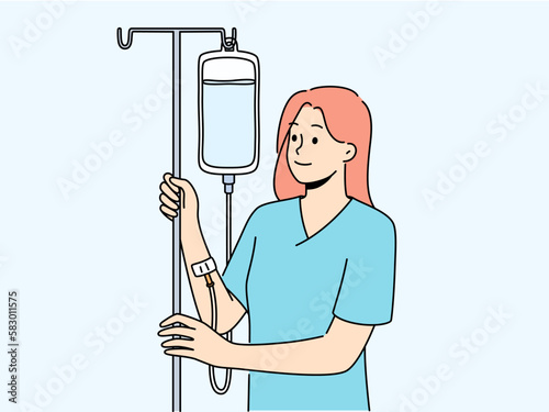 Happy woman with intravenous saline drip in hospital. Smiling female patient receive medication and treatment in clinic. Healthcare. Vector illustration. 