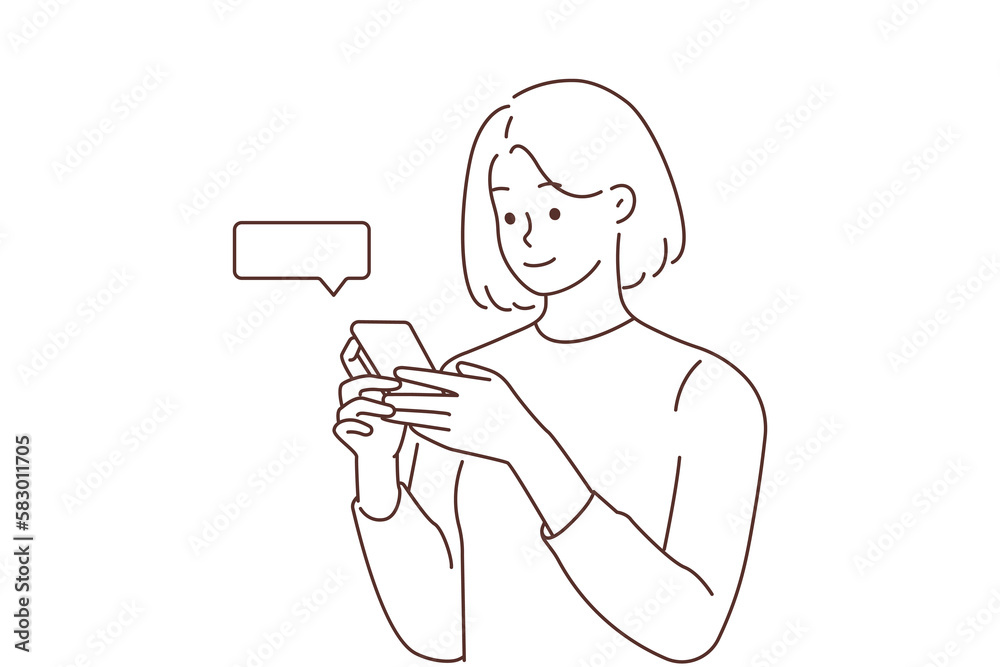Smiling woman check likes on cellphone Smiling woman check likes on cellphone
