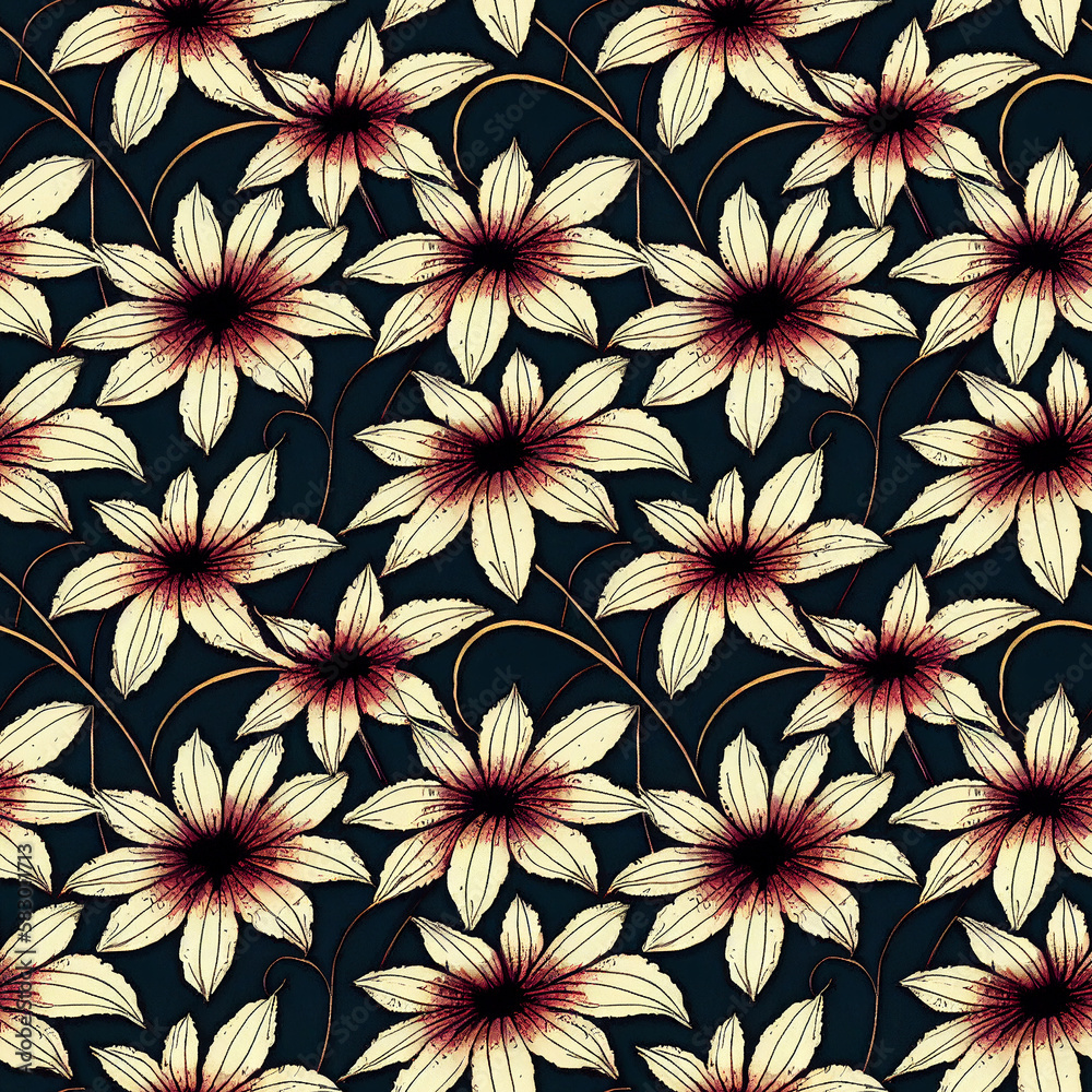 Summer seamless pattern with yellow flowers on black background. Generative AI art. Summer seamless pattern with yellow flowers on black background. Generative AI art.