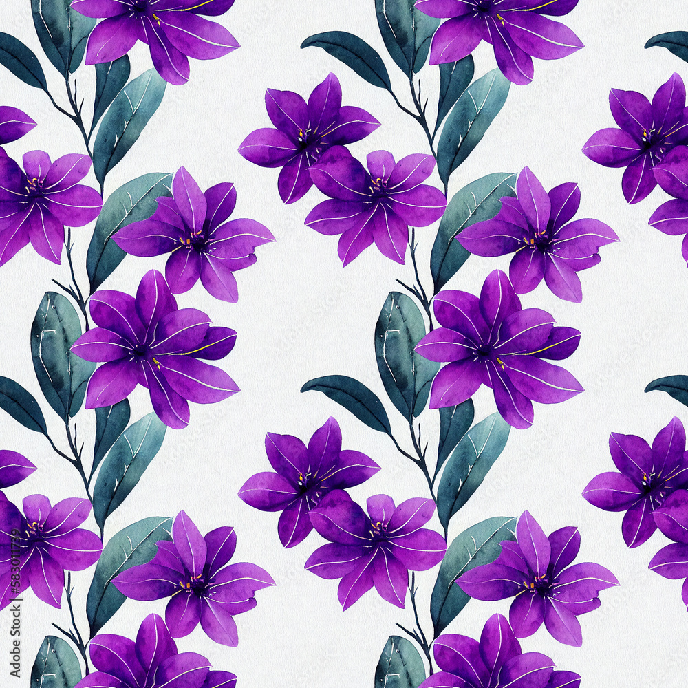 Summer seamless pattern with violet flowers on white background. Generative AI art.