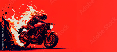 Illustration of bright motorcyclist riding motorbike on red ground against colorful backdrop with big copy space right, generative ai image. photo