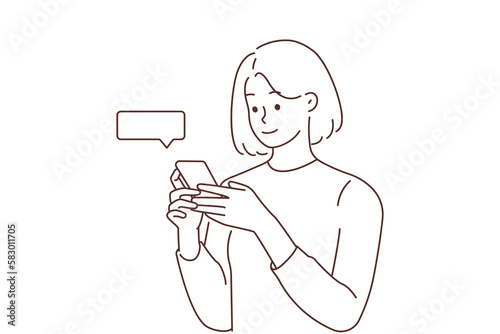 Smiling woman check likes on cellphone 