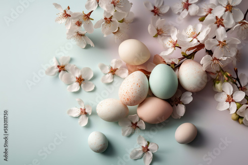 Happy Easter concept with easter eggs in nest and spring flowers on light background. Easter background with copy space,