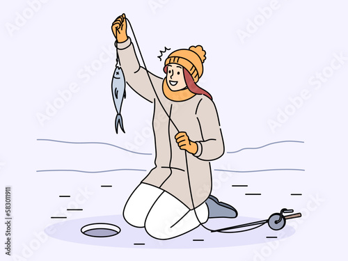 Smiling woman catch fish sitting on frozen lake. Happy female fishing on winter river. Hobby and weekend leisure activity. Vector illustration. 