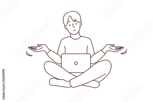 Confused man experience error on laptop 