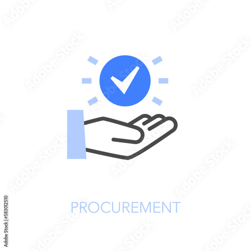 Simple visualised procurement icon symbol with a human hand and a checkmark.