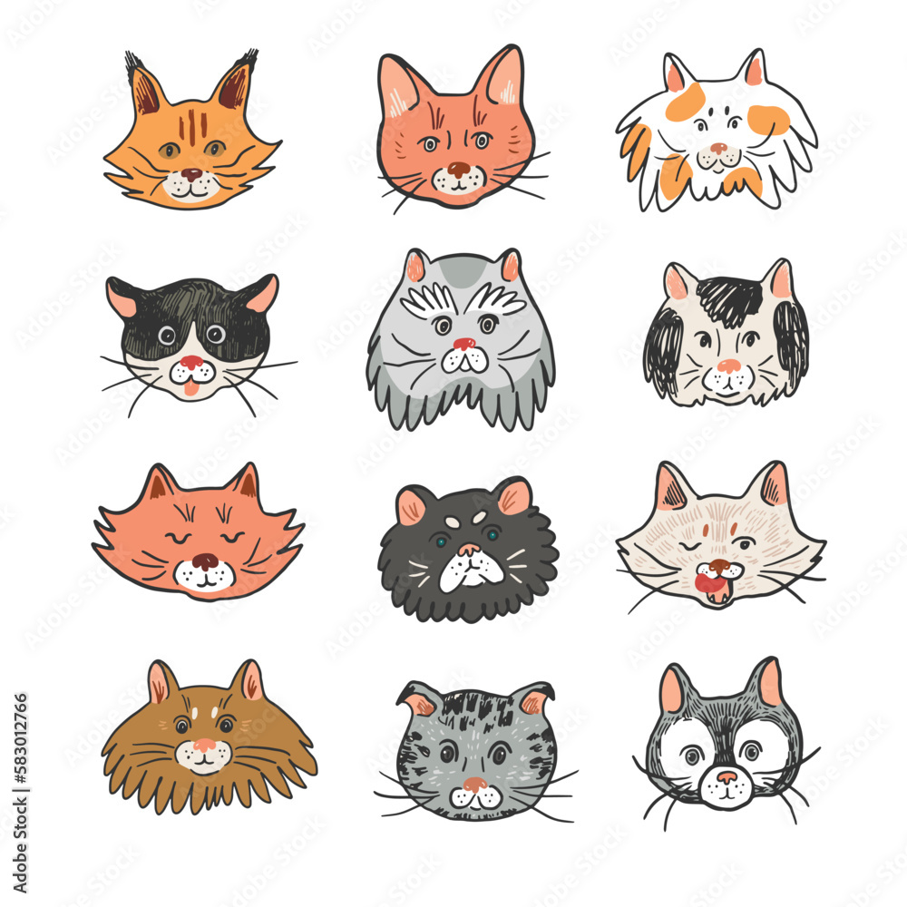Cat funny animal face vector illustrations set.