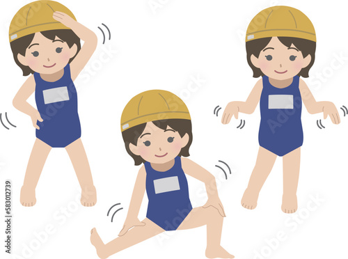 プールに入る前に準備運動する少女　スクール水着