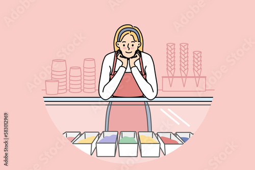 Smiling saleswoman standing near counter in ice cream shop. Happy female business owner selling gelato in cafe. Vector illustration. 