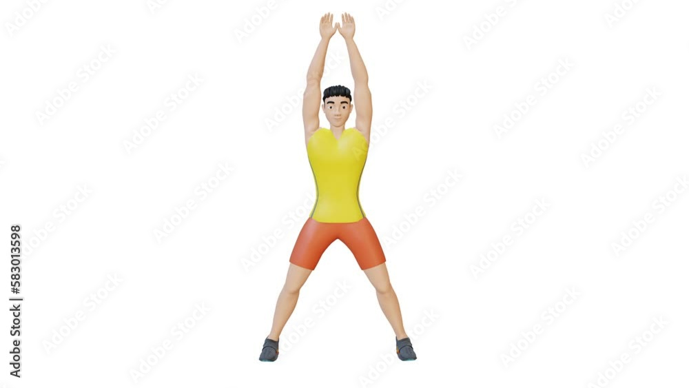 Animated character doing Overhead Jack To Jumping JackFront View