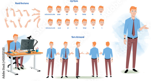 A man character model sheet for animation. Woman character model sheet with lips syn, hand gesture, turn around sheet