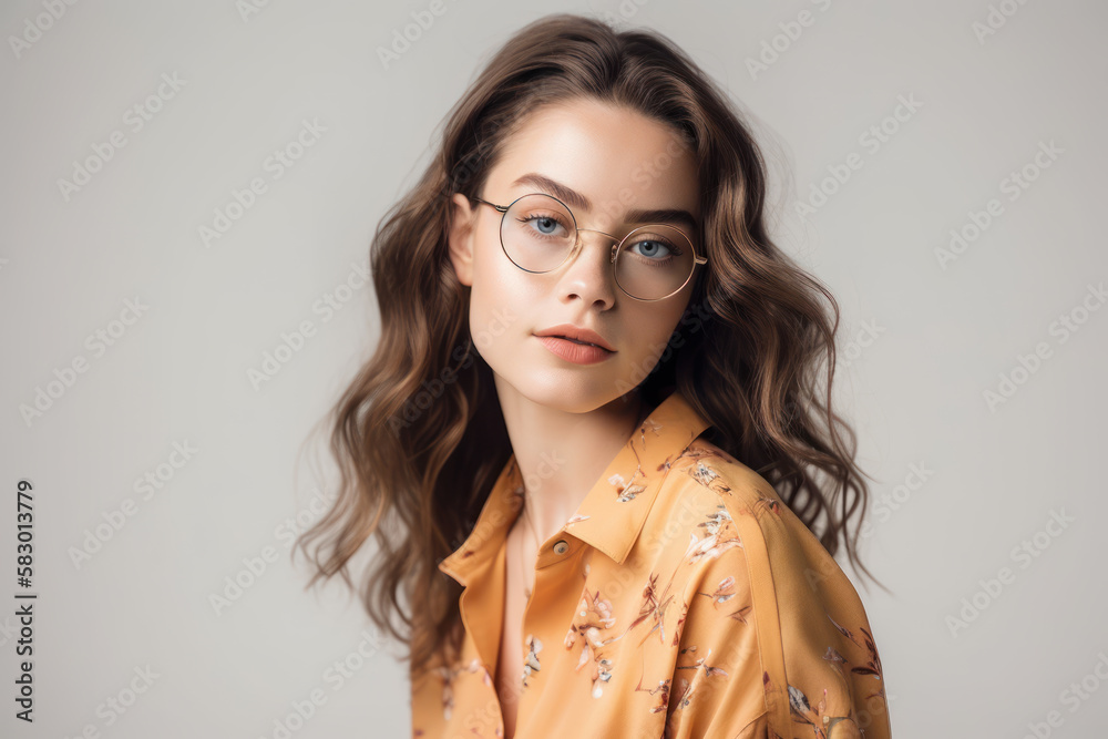 Portrait of a young beautiful woman wearing modern vintage style eyeglasses isolated on light background. Generative AI Portrait of a young beautiful woman wearing modern vintage style eyeglasses isolated on light background. Generative AI