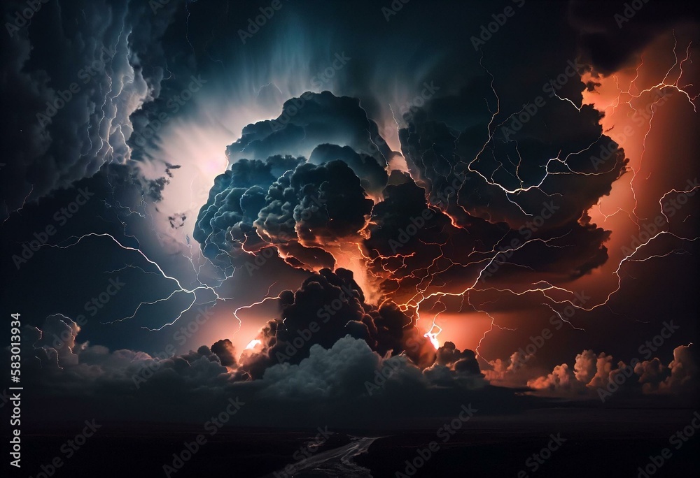 A panoramic view of a stormy sky with black clouds and flashing