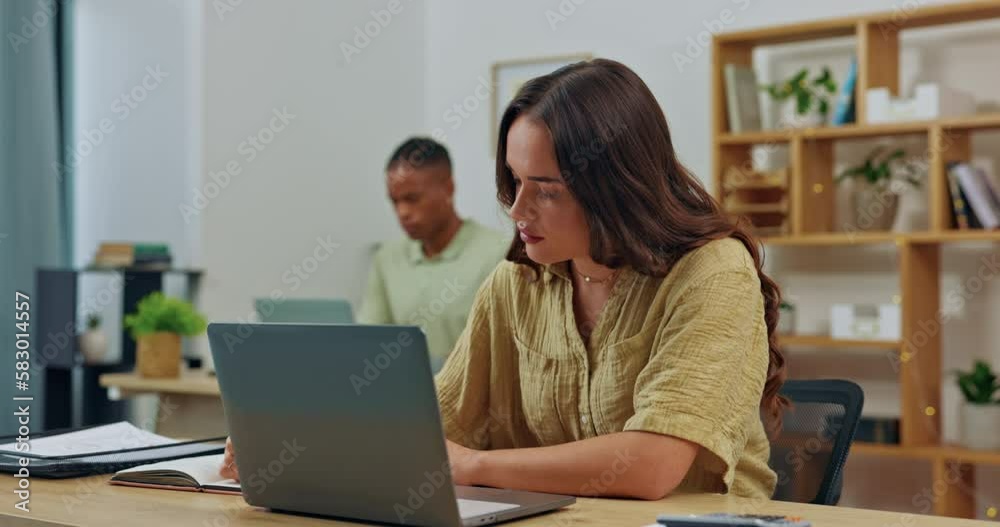 Woman, startup and laptop with writing notes, focus or planning for agenda, administration or schedule. Coworking office, girl and typing with computer for management, goals and notebook for strategy Woman, startup and laptop with writing notes, focus or planning for agenda, administration or schedule. Coworking office, girl and typing with computer for management, goals and notebook for strategy