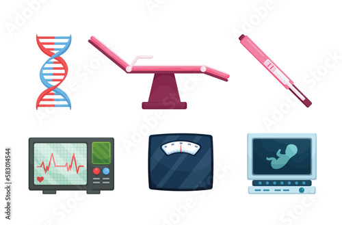 Gynecology and Pregnancy set. Pregnant,obstetrician, embryo born, baby, Biology, Ultrasound reclining chair,Pregnancy test, Ultrasound machine listens to the heart, weight machine, baby ultrasound.