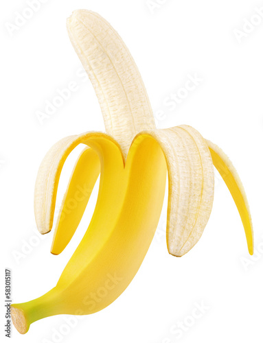 Tableau sur toile Half peeled banana isolated on transparent background for quick isolation