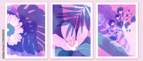 Set of botanical art posters, prints. Transparent pink, voplet exotic plants, leaves, flowers.