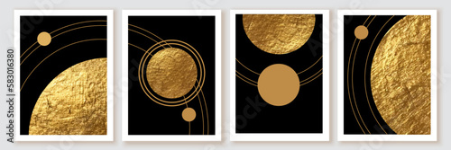 Elegant abstract wall art posters. Composition in black, white, gold. Space, planet concept.
