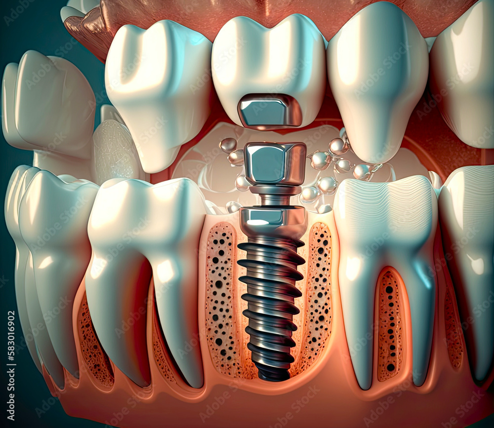 AI illustration of a tooth implant with a screw in the gum. Stock