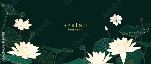 Luxury botanical background, wallpaper. White and shiny golden lotus on dark green watercolor background.