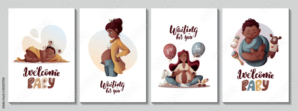 Set of cards with pregnant women, newborn babies, baby toys. Motherhood, Pregnancy, Childbirth, baby waiting, babyhood concept. Vector Illustration for poster, card, postcard, cover.