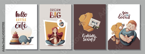 Set of Cards with swaddled baby boy, bodysuit, pregnant woman. Handwritten text. Newborn, Childbirth, Baby care, babyhood, childhood, infancy concept. Vector illustration for card, postcard, cover.
