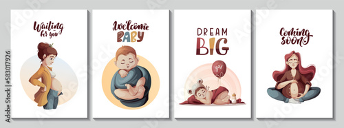 Set of cards with pregnant women and newborn babies. Motherhood, Pregnancy, Childbirth, baby waiting, babyhood concept. Vector Illustration for poster, card, postcard, cover.