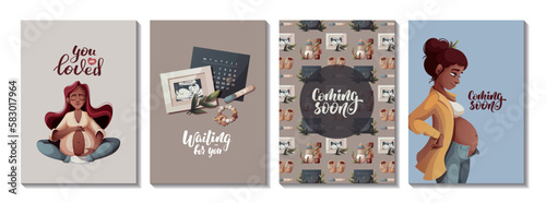 Set of cards with pregnant women, ultrasound baby picture, positive pregnancy tes. Motherhood, Pregnancy, Childbirth, baby waiting, babyhood concept. Vector Illustration for poster, card, postcard.