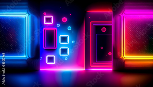 Futuristic blue and pink neon interior, generative AI.
