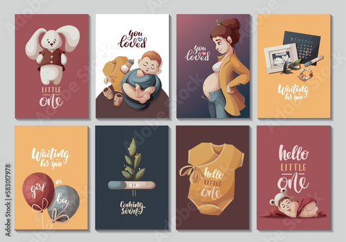 Set of cards with pregnant women, newborn babies, baby toys. Motherhood, Pregnancy, Childbirth, baby waiting, babyhood concept. Vector Illustration for poster, card, postcard, cover.