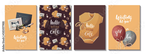 Set of cards with ultrasound baby picture, positive pregnancy test., bodysuit. Handwritten text. Baby waiting, Newborn, Childbirth concept. Vector illustration for card, postcard, cover.