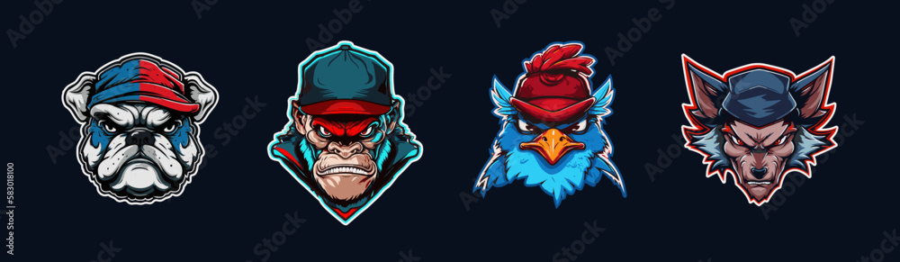 Cartoon animal head, red and blue sport logo collection with white outlined. Angry face of bulldog, gorilla, cardinal and wolf characters. Sport team mascot set. Vector illustration