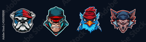 Cartoon animal head, red and blue sport logo collection with white outlined. Angry face of bulldog, gorilla, cardinal and wolf characters. Sport team mascot set. Vector illustration