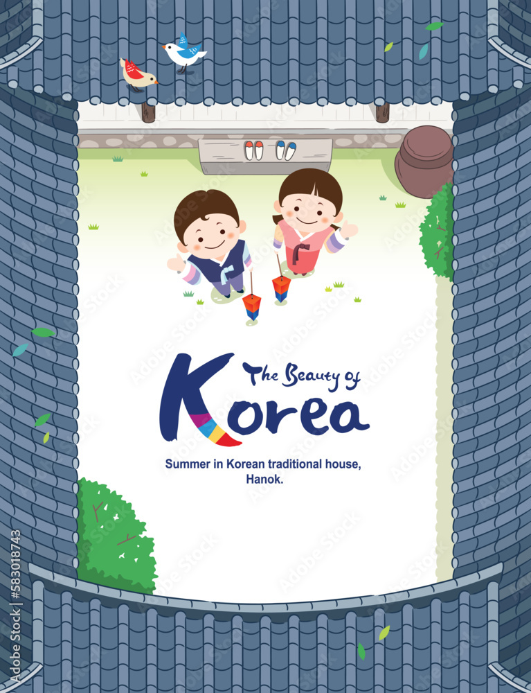 Summer in a beautiful Korean traditional house, Hanok. Children wearing