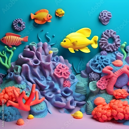Underwater world with coral reefs and from colored plasticine on the background of blue sea. Generative Ai