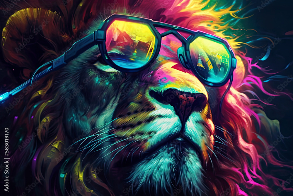 Generative AI illustration of a lion with a lush mane wearing ...